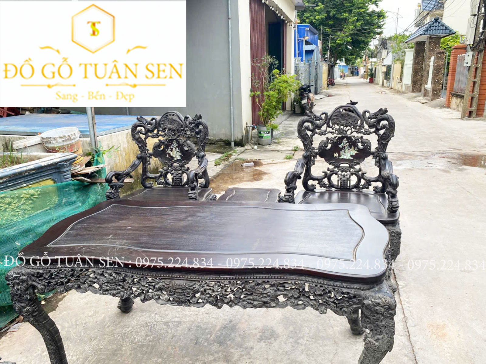 Hình ảnh bộ bàn ghế khánh rồng gỗ khảm ốc 
